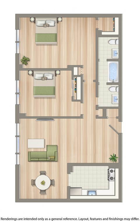 Floor plan for 2 beds, 1.5 baths, 1100 sqft
